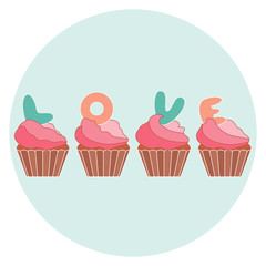 Cute colorful vector illustration of love symbols: cupcakes with letters. Romantic collection.