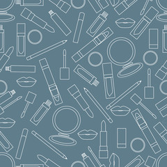 Seamless pattern of different lip make-up tools. Glamour fashion vogue style.