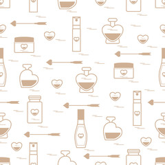 Cute seamless pattern with various accessories for the care of your body and hair: perfume bottles in the shape of a heart, cream, hair spray and other.