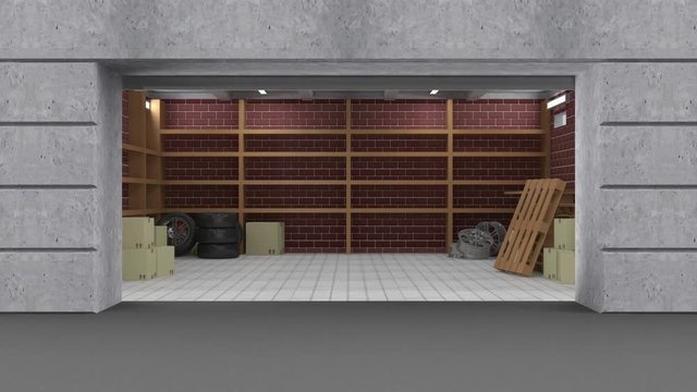 4K Animation of Opened Garage Roller Door with Different Interiors Inside