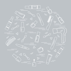 Vector illustration various accessories for the care of your body arranged in a circle: hairdryer, comb, cream, nail polish and other.