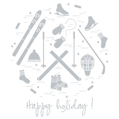 Fototapeta premium Vector illustration of different elements of sports equipment and clothing for winter sports arranged in a circl.