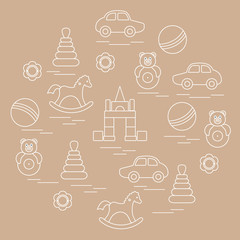 Vector illustration kids elements arranged in a circle: car, pyramid, roly-poly, ball, cubes, rocking horse, rattle.