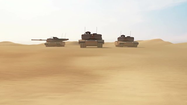 4K Animation of Group of Heavy Military Tanks Movin in Desert Landscape