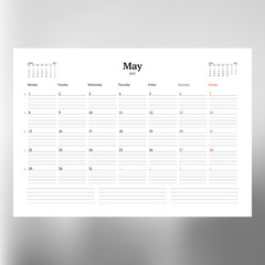 Calendar Template for May 2017. Week Starts Monday. Design Print Template. Vector Illustration Isolated