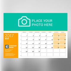 Calendar Template for May 2017. Week Starts Monday. Design Print Template. Vector Illustration Isolated