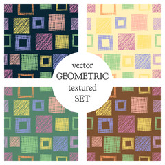 Set of seamless vector geometrical patterns with squares . pastel endless background with hand drawn textured geometric figures. Graphic vector illustration