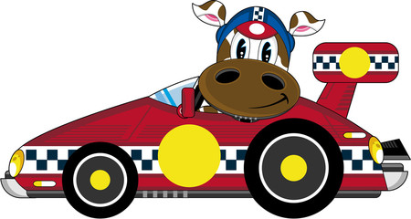 Cartoon Cow Racing Car Driver