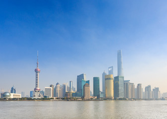 Fototapeta na wymiar New Pudong skyline, looking across the Huangpu River from the Bund, Shanghai, China, Asia