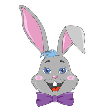 Gray happy Easter rabbit in a bow tie inside a colorful egg