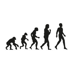 Naklejka na ściany i meble Man evolution. Silhouette progress growth development. Neanderthal and monkey, homo-sapiens or hominid, primate or ape with weapon spear or stick or stone. Vector illustration