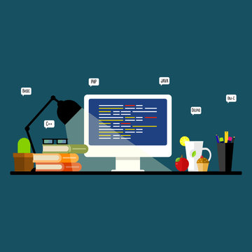 Programming and coding. Workplace of the programmer. Vector flat illustration.