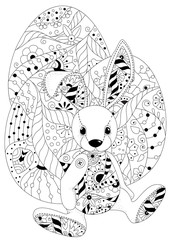 Coloring book for adult and older children. Coloring page with the Easter Bunny and eggs with floral ornament