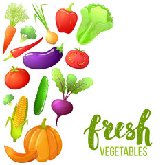 Colorful cartoon set of vegetables icons. Eco organic fresh template with vegetables for the decoration of menu. Vector.