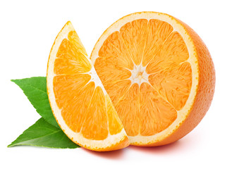 Perfectly retouched half of the orange with slice and leaves isolated on white background with clipping path