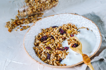 Healthy breakfast with granola and yoghurt.