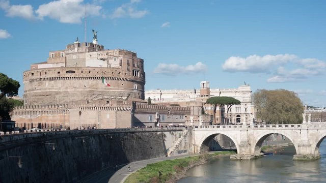 Castel Sant Angelo timelapse. Rome Castle of the Holy Angel and bridge on Tiber river, Mausoleum of Hadrian