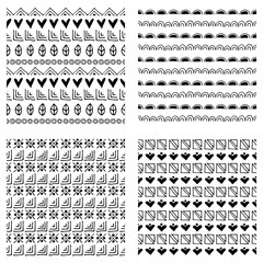 Set of seamless vector patterns. Black and white geometrical endless backgrounds with hand drawn geometric shapes, triangles, circles, dots, lines, Tribal graphic design. Repeat decorative ornament.