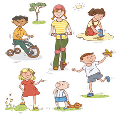 Fototapeta na wymiar Vector color set of sketch illustration of children playing. Small kids and teenagers on the bike and scooter, a toy in the sandbox. Walk in summer on the outdoor.