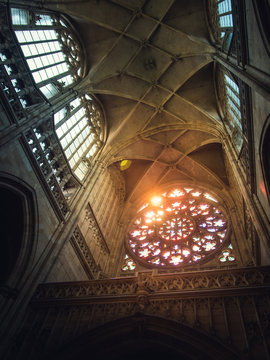 St. Vit Catedral from inside with stained glass front, Prague, Cechia