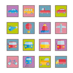 Collection of vector colorful flat transportation icons for web, mobile apps, print design