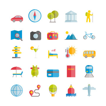 Collection of flat travel icons. Vector colorful icons for web, print, mobile apps design
