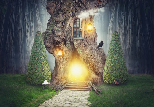Fototapeta Fairy tree house in dark fantasy forest