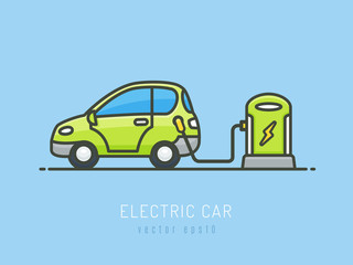 Green electric city car in simple line art style vector illustration