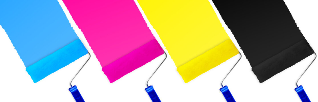 colorful CMYK Print paint roller isolated on white background / Farbenfrohe bunte farbwalzen isoliert auf hintergrund weiß