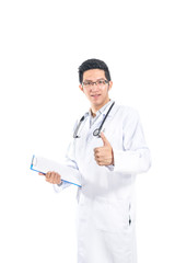 Handsome Asian doctor thumbs up, isolated on white background, medical or hospital concept