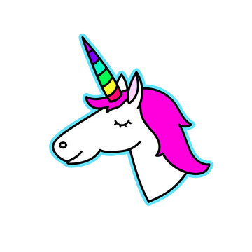 Unicorn with rainbow horn on a white background. It can be used for sticker, badge, card, patch, phone case, poster, t-shirt, mug etc.