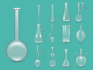 Chemical laboratory 3d lab flask glassware tube liquid biotechnology analysis and medical scientific equipment vector illustration.