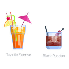 Set of alcoholic cocktails isolated fruit cold drinks tropical tequila freshness and party alcohol sweet tequila vector illustration.