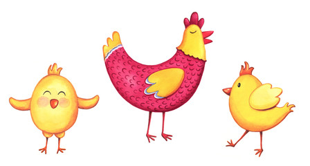 Watercolor chicken and chicks elements. Hand painted illustrations isolated on white background. Set of cute farm birds clip art.