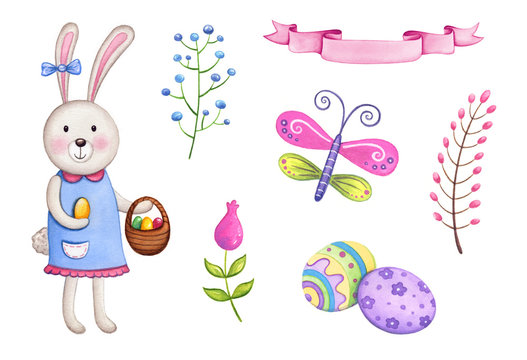 Easter watercolor elements. Cute Easter bunny with basket, eggs, flowers. Set of hand drawn watercolor illustrations.