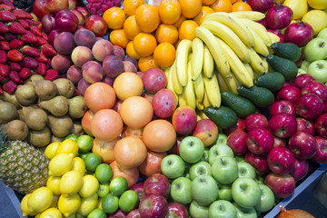 Big assortment of organic fruits on retail market