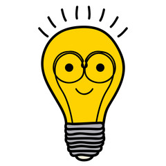 color background of light bulb with filament in shape cartoon with glasses vector illustration