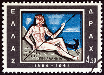 Cephalus, dog and spear, emblem of Cephalonia island (Greece 1964)