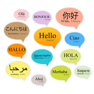 Hello speech bubbles in different languages, vector