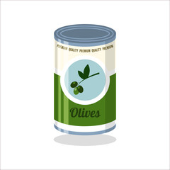 Tin Vector illustration Retro tin can with olives on white background