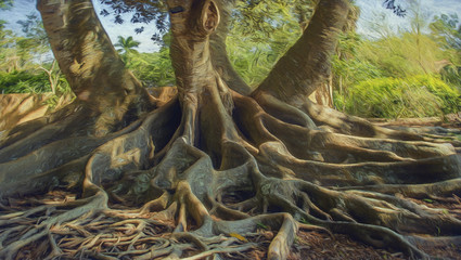 painting effect of large tree roots extending far out from the base of a tree