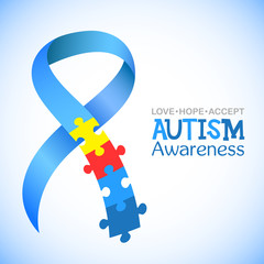 World autism awareness day. Blue ribbon with colorful puzzles vector background. Symbol of autism. Medical flat illustration. Health care
