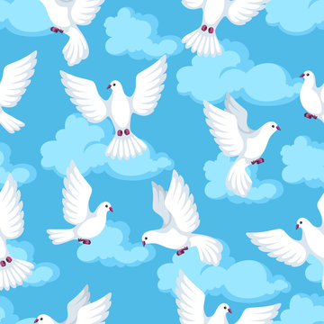 Seamless pattern with white doves. Beautiful pigeons faith and love symbol