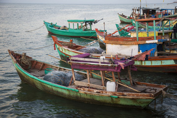 Fototapeta na wymiar Colorful wooden fishing boat in Phu Quoc island sea, Kien Giang province, Vietnam