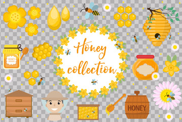 Fototapeta na wymiar Honey collection. Beekeeping set of objects isolated on white background. Apiculture kit of design elements flat, cartoon style. Vector illustration, clip-art