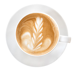 Top view of hot coffee latte art isolated on white background, clipping path included