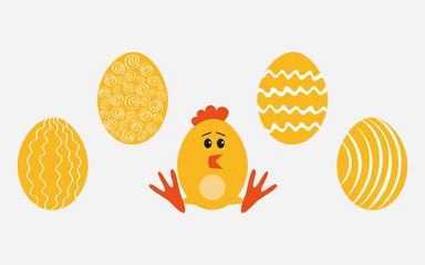 Easter eggs and chick for holidays design on white background.