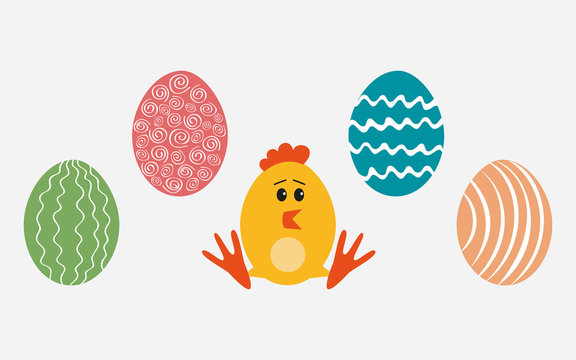 Easter eggs and chick for holidays design on white background.