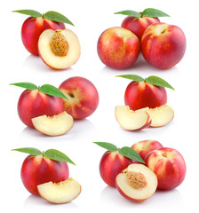 Set of ripe peach (nectarine) fruits with slices isolated on white
