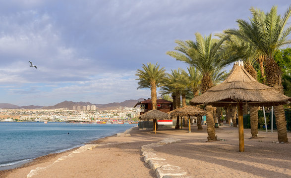 Morning at central public beach in Eilat - famous resort city in Israel